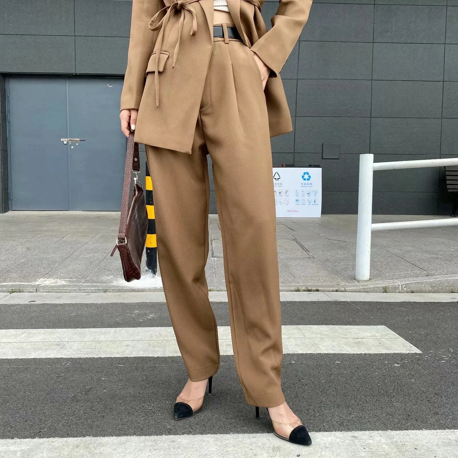 

Elegant Suit Set Women High Quality Brown 2021 Fashion Vintage Ladies Cotton Jackets Casual Female Soft Suits Girls Chic