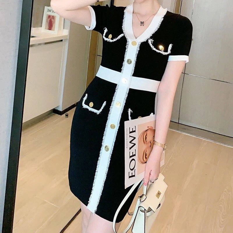 

Vintage Knitted Dress Women Summer Korean Short Sleeve Single-breasted Mini Pencil Dresses Sweater Bodycon dress vestidos