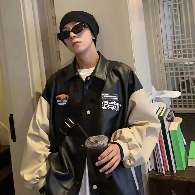 

Patchwork jacket men's leather jacket autumn 2021 new Hong Kong style vintage high street hip-hop style embroidered jacket trend