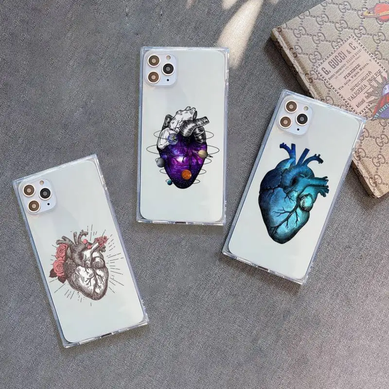 

human heart Creative cartoon Phone Case For iPhone 7 8 11 12 X XS XR MINI Pro Max Plus Clear Square Transparent