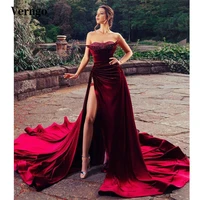 verngo wine red velvet a line evening dresses beads high side slit long train sexy prom gowns amazing celebrity party dress