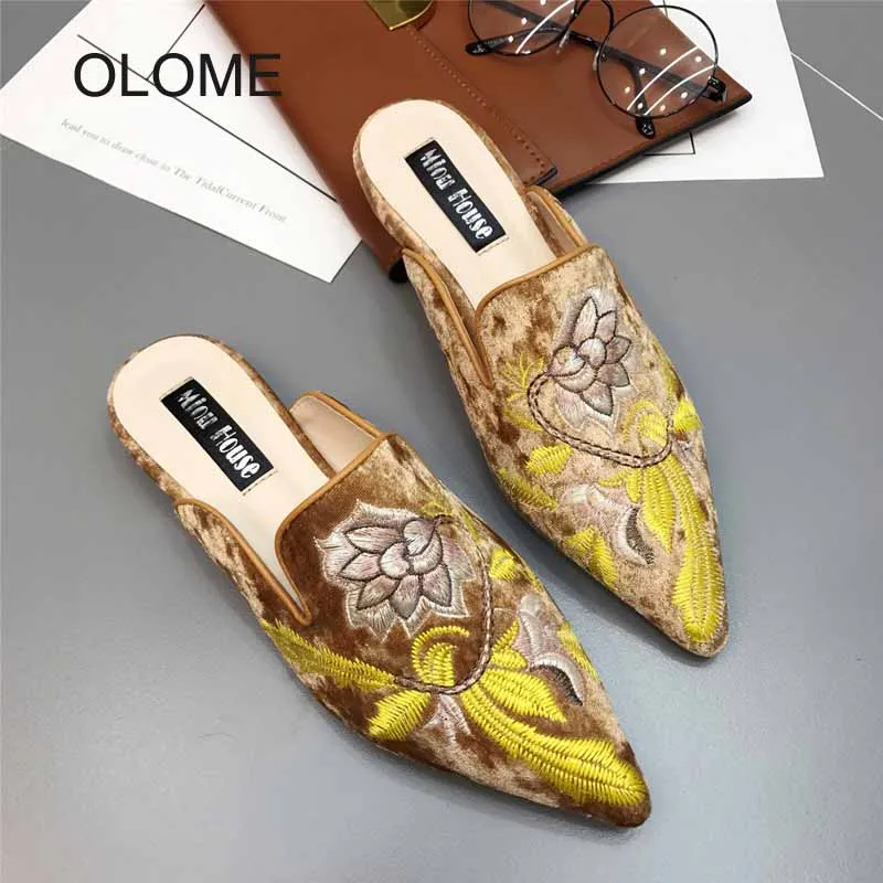 Новинка Летняя обувь Женские туфли без задника с вышивкой Элегантные женские