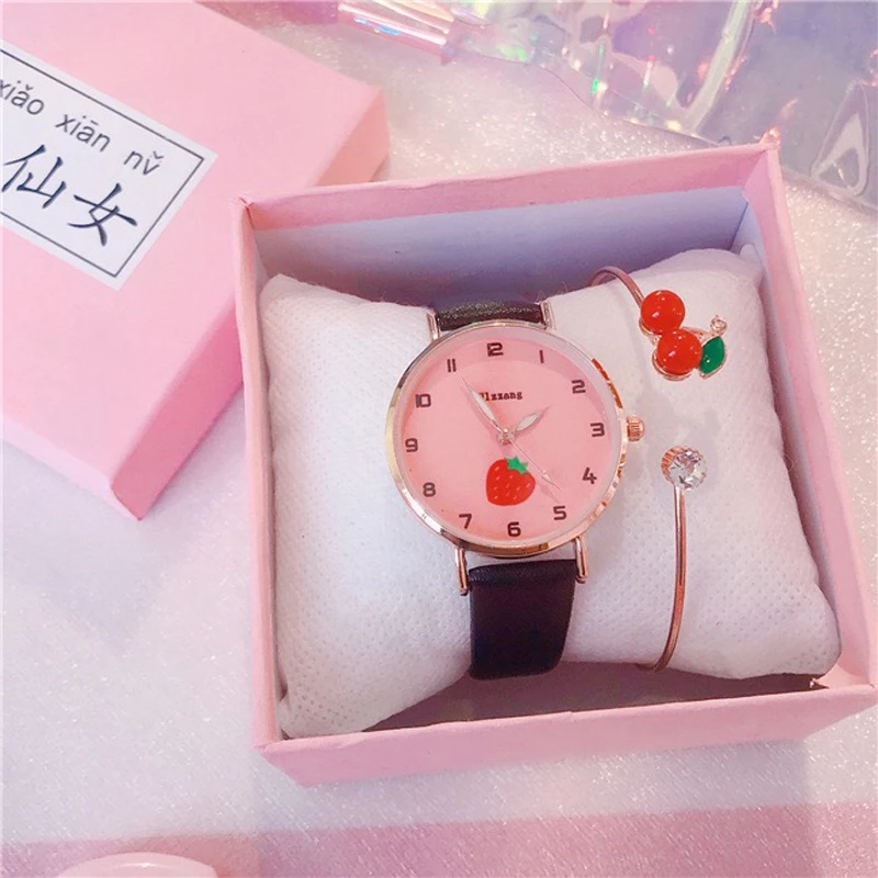 Детские часы в комплекте милые модели с браслетом из вишни повседневные