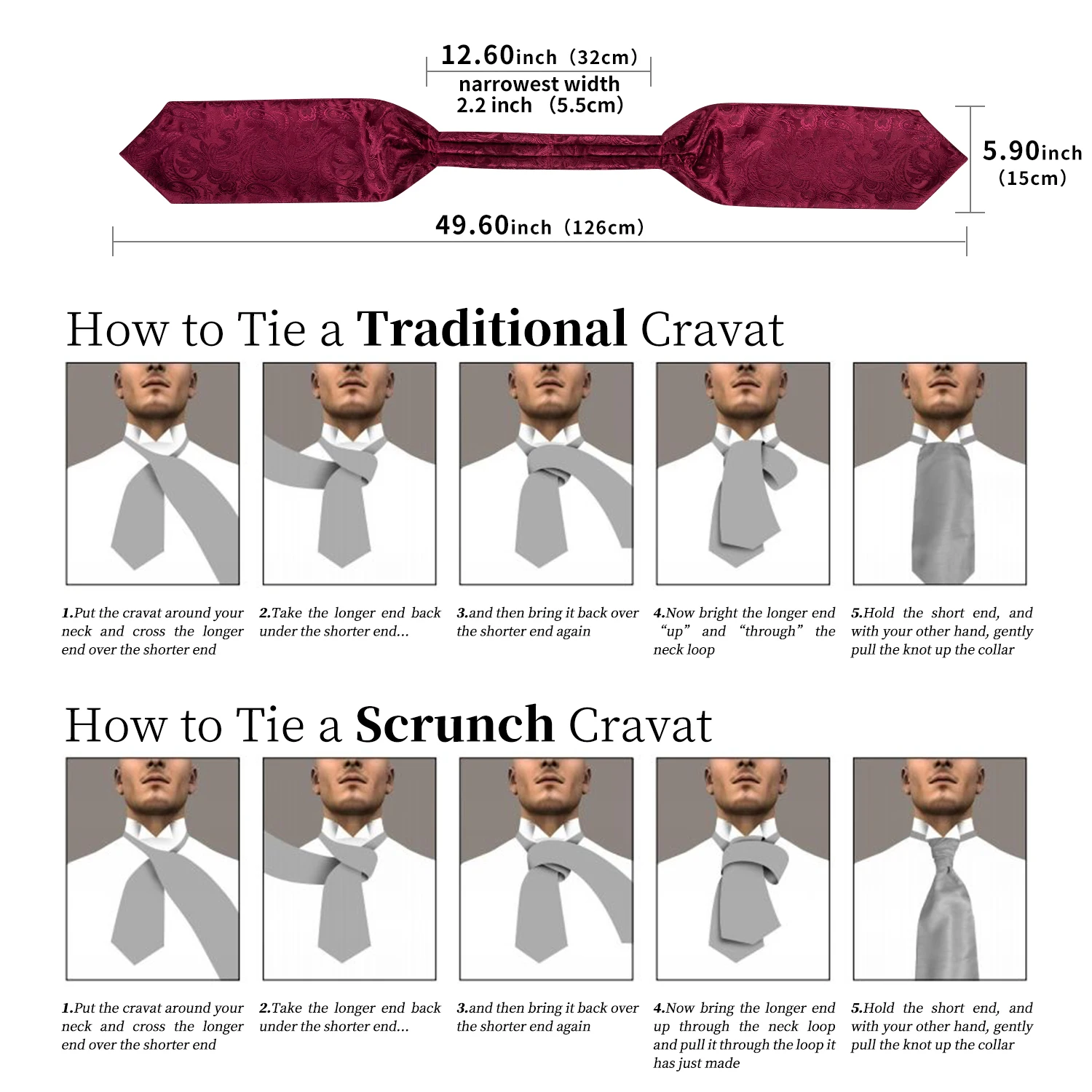 

Brand Mens Cravat Ascot Tie Gentleman Silk Paisley Floral Red NeckTie Brooch Set Bussiness Formal Cravat Tie For Wedding Party