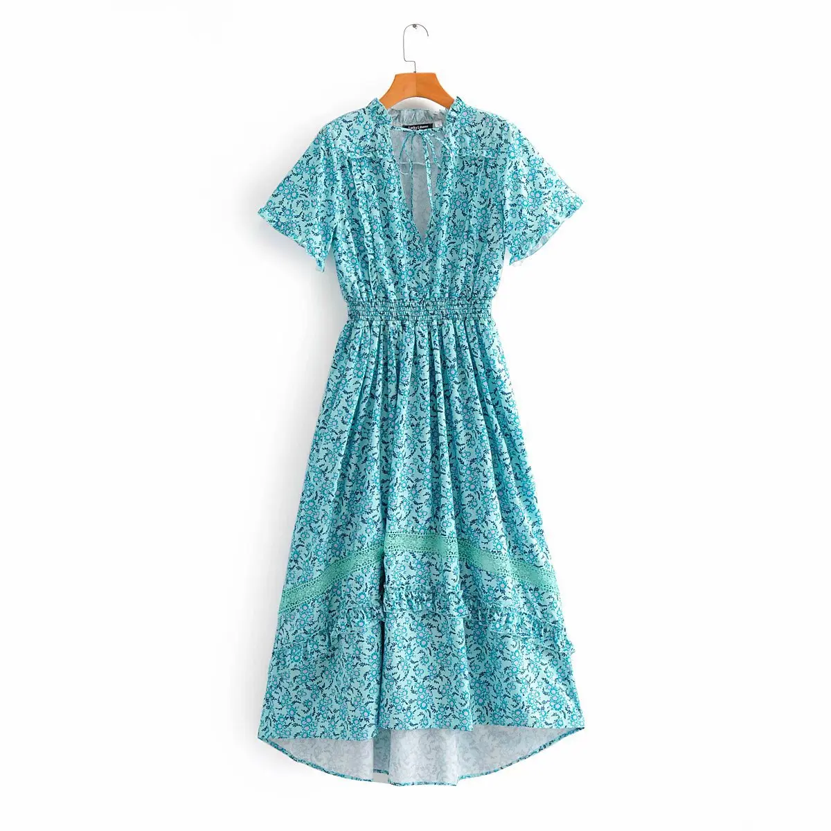 

2020 New Women's green flower print short sleeve V-neck dress beach Bohemia happy Marcy women's casual summer Bohemia dress