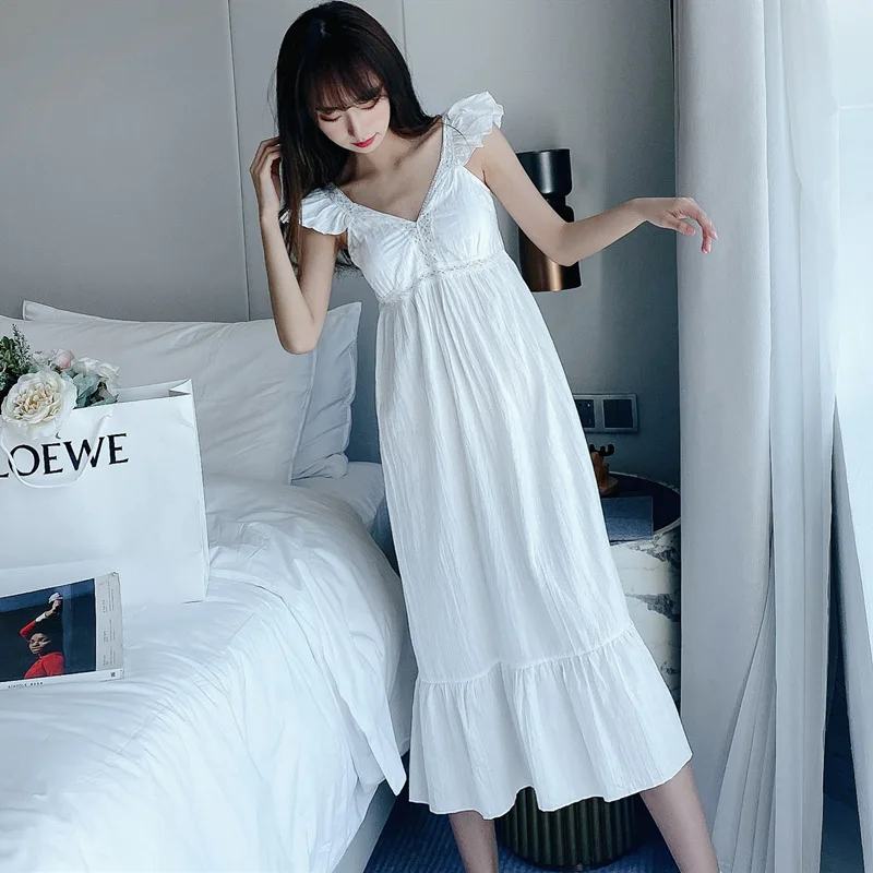 

Women White Cotton Sexy V-Neck Hollow Out Nightgown Summer Long Home Dress Sweet Lace Trim Nightdress With Bra Intimate Lingerie