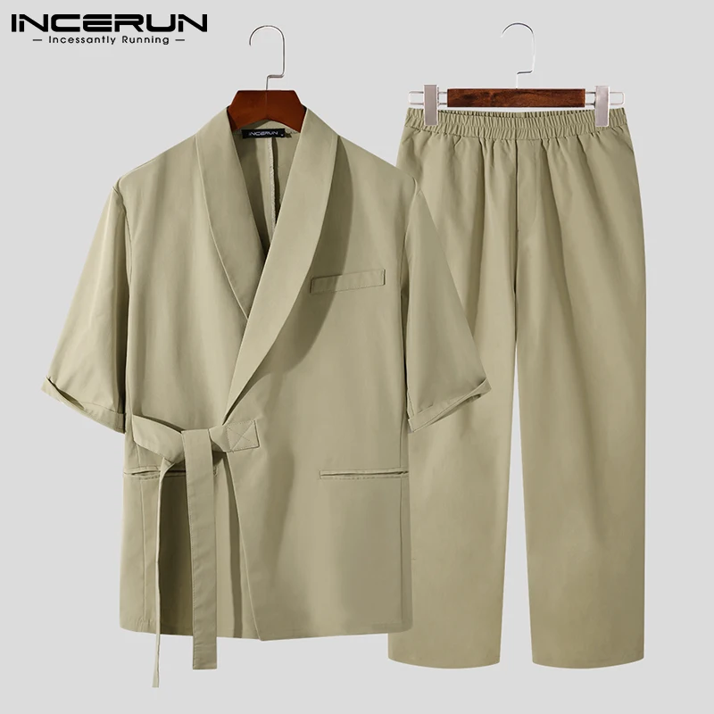 

Новый модный мужской комплект INCERUN, однотонный Блейзер и брюки на шнуровке с отворотом и рукавом до локтя, уличная одежда 2021, элегантные мужс...