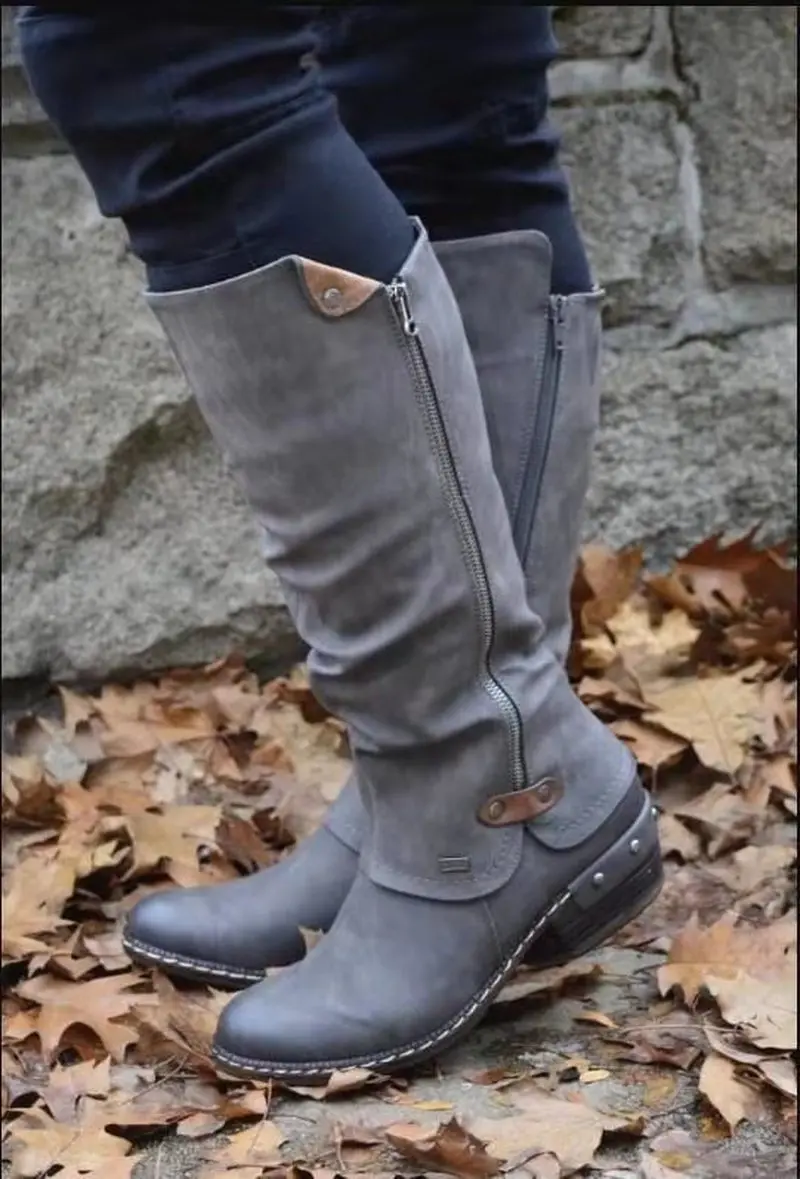 Женские кожаные сапоги до колена на высоком каблуке молнии сбоку большие размеры