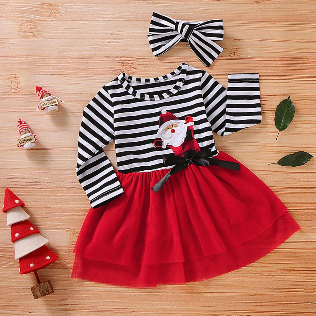 Girl Dresses Toddler Baby Girls Christmas Santa Striped Print Tulle Dress+Headband Outfits Fashion Winter Clothing C840# | Детская