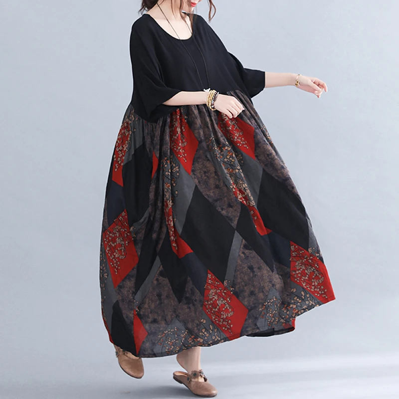 

Plus Size Dress 2021 Summer Women Elegant Sundress Oversize Floral Print Long Dress Linen Loose Big Patchwork Suitable for 5XL