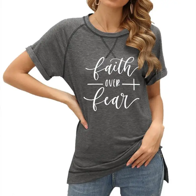 

New Arrival T-Shirt For Women Colorblock Crossover Loose Top Short Sleeves Jesus Faith Over Feac Print T-Shirt Women Harajuku