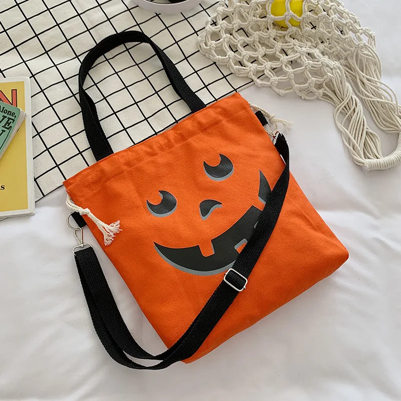 

Women Shoulder Bag Harajuku Halloween Pumpkin Canvas Shopping Handbag Tote for Ladies Large Capacity String Beach Hand Bags