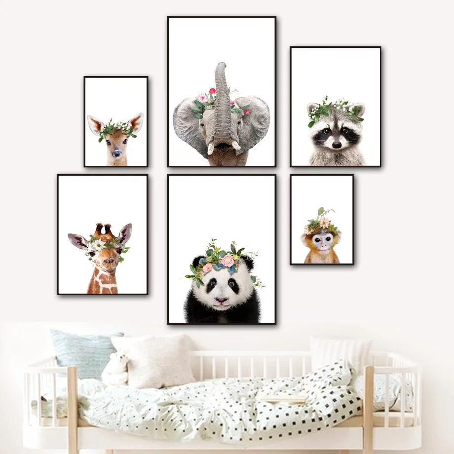 

Animals Flowers Nursery Wall Art Canvas Prints Painting Elephant Zebra Giraffe Cartoon Baby Room Nordic Poster Picture Unframed