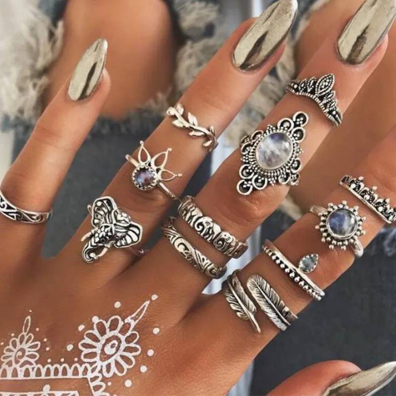

European and American Bohemian Index Finger Ring with Retro Carved Geometric Totem Ring Set of 12 for Party Women Gift Wholesale