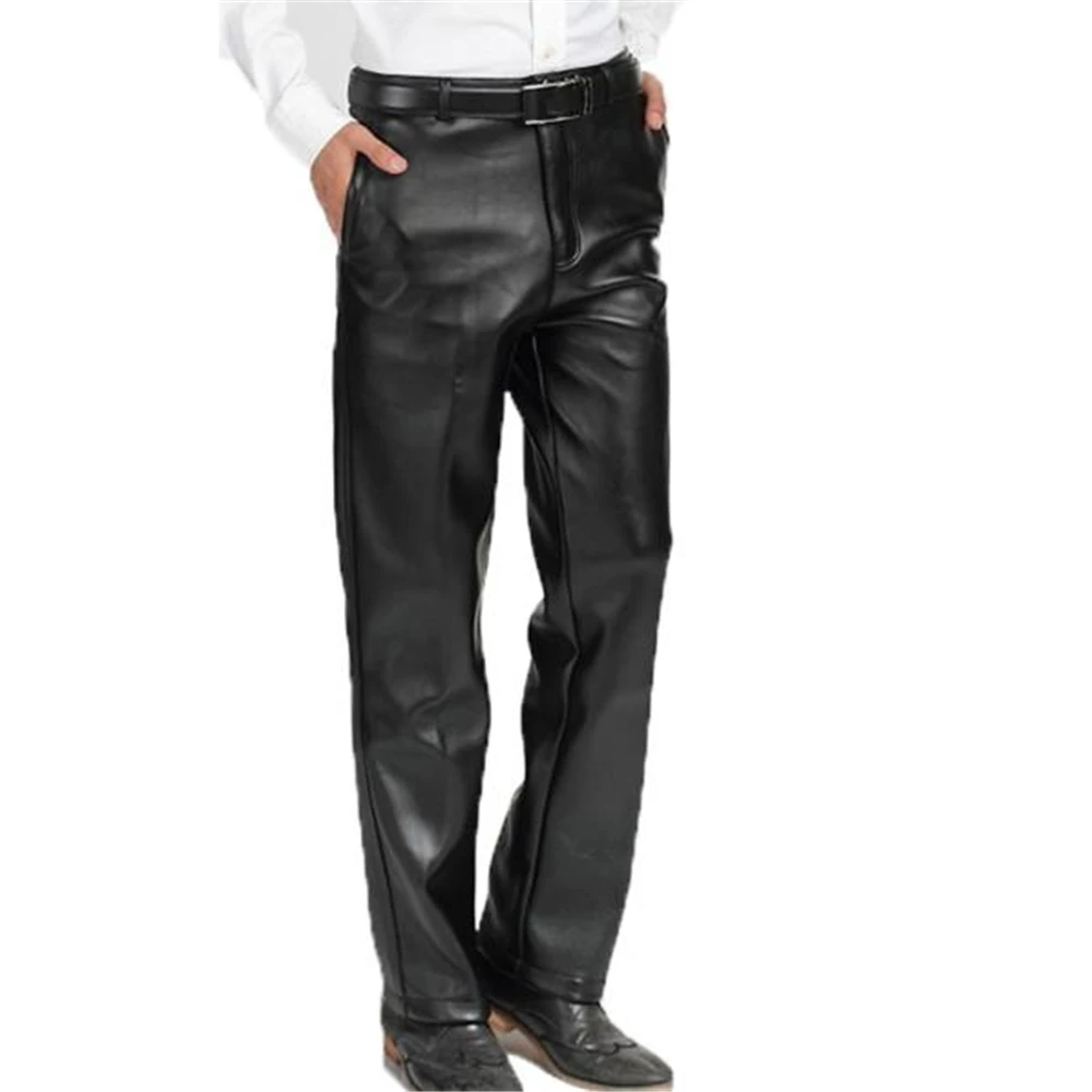 Мужские осенне-зимние прямые брюки из искусственной кожи с высокой талией -