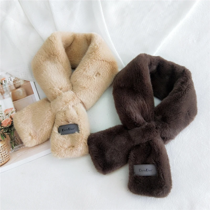 

Soft Thicken Shawl Wrap Solid Color Cross Small Neckerchief Plush Scarf Female Faux Rabbit Fur Neck Collar Scarves For Girls