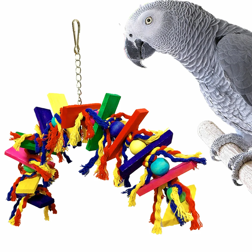

Parakeet Chewing Toy Parrot Bird Toys Wooden Blocks Cotton Rope Hanging String Random Color Bird Swing Bite Toy Bird Supplies