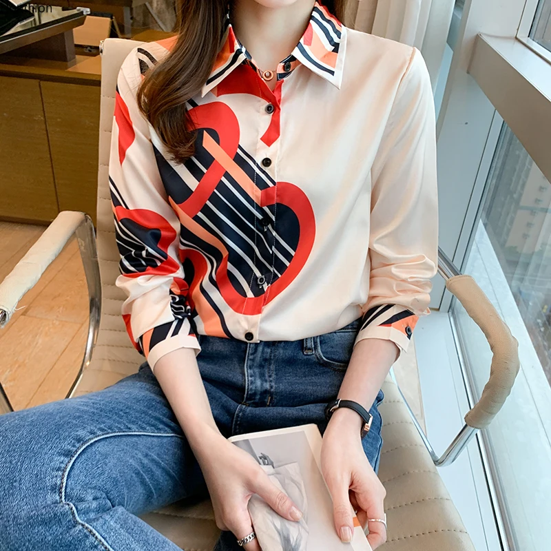

Summer New Women's Blouses Polo Shirt Long Sleeve Tops Printed Blouse Girl Chiffon Casual Fashion Lady Loose