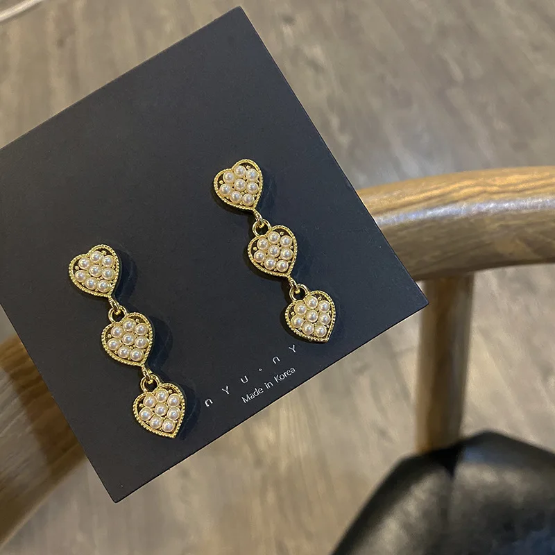 

S925 Silver Needle Korean Ins Style Simple Love Pearl Earrings Tassel Peach Heart Sweet Earrings Temperament Earrings Women