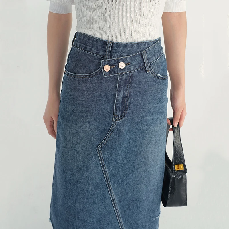 

[EAM] High Waist Vintage Casual Blue Irregular Burrs Denim Half-body Skirt Women Fashion Tide New Spring Autumn 2021 1DD5841