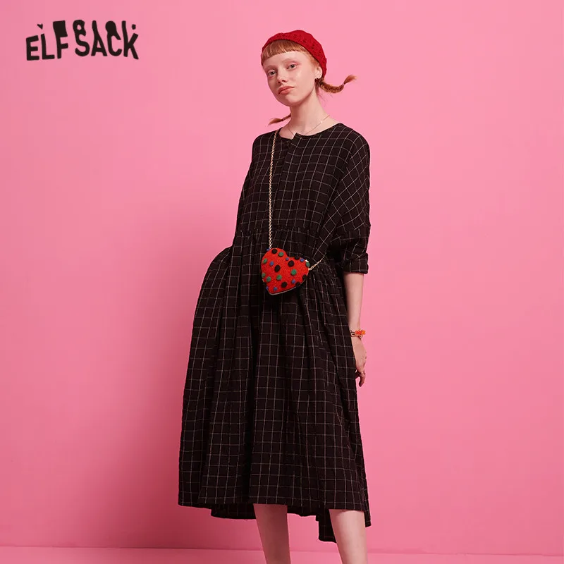 ELFSACK, разноцветное клетчатое Повседневное платье для женщин, осень, длинные платья с рукавом три четверти
