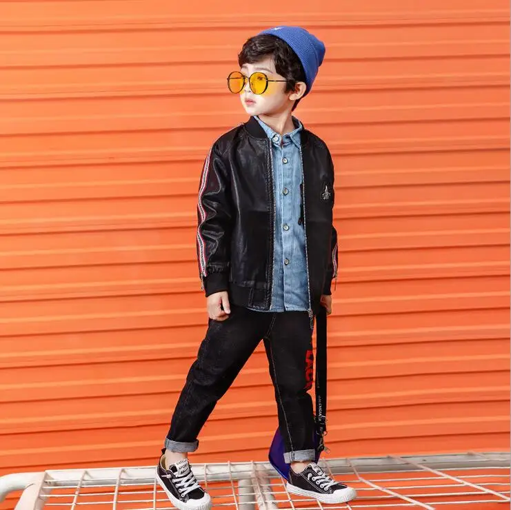 

Комплект детской одежды, детская одежда для мальчиков на осень и зиму пальто из искусственной кожи для мальчиков ковбойская рубашка и джинс...