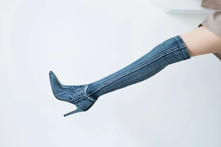 Womens Denim Jeans Over The Knee Thigh& Ankle Boots Stilettos High Heel Pointed Toe Side Zipper Shoes Punk Motorcycle New