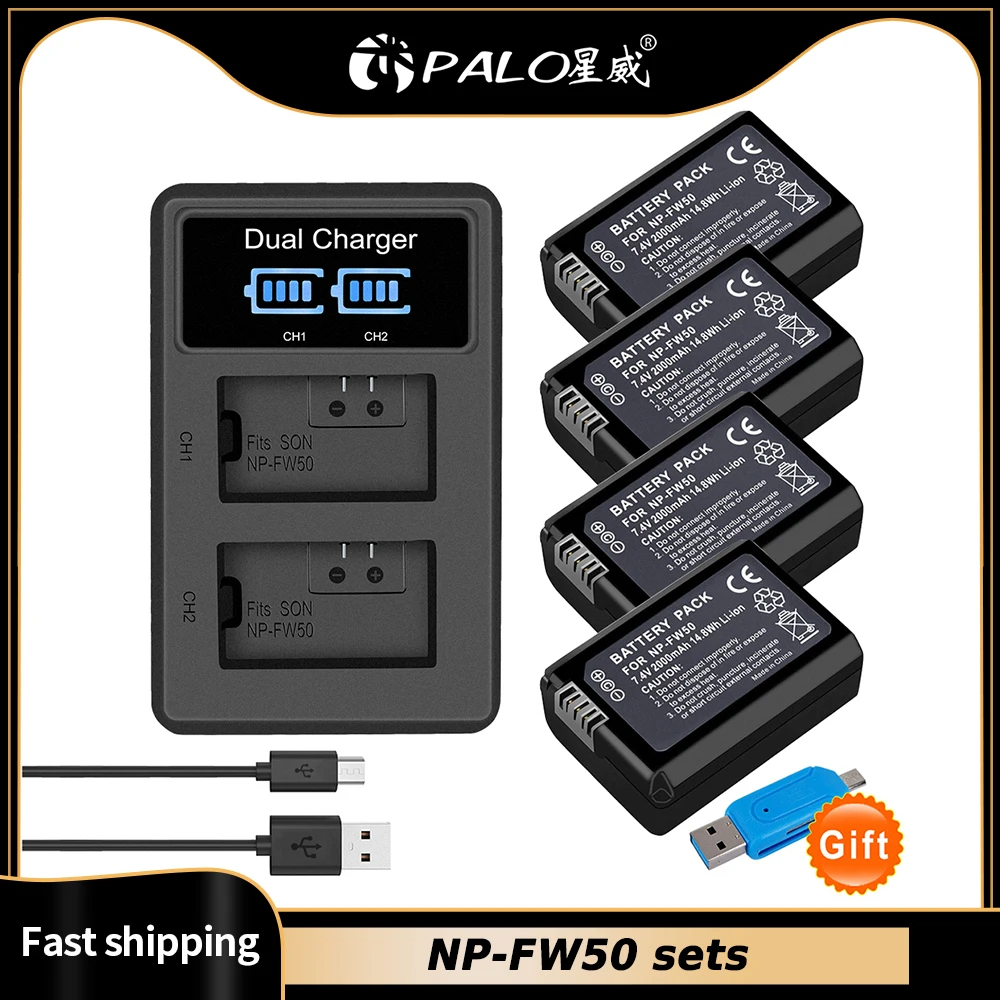 NP FW50 NPFW50 батарея 2000 мАч 7 4 В np fw50 + двойное зарядное устройство со светодиодной