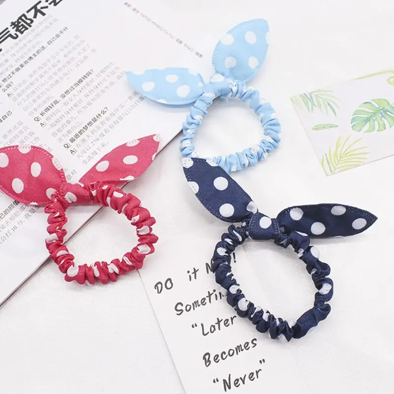 

652F Women Girls Cloth Craft Rubber Band Cute Rabbit Ears Bowknot Ruched Hair Rope Polka Dot Printed Ponytail Holder Sweet Candy