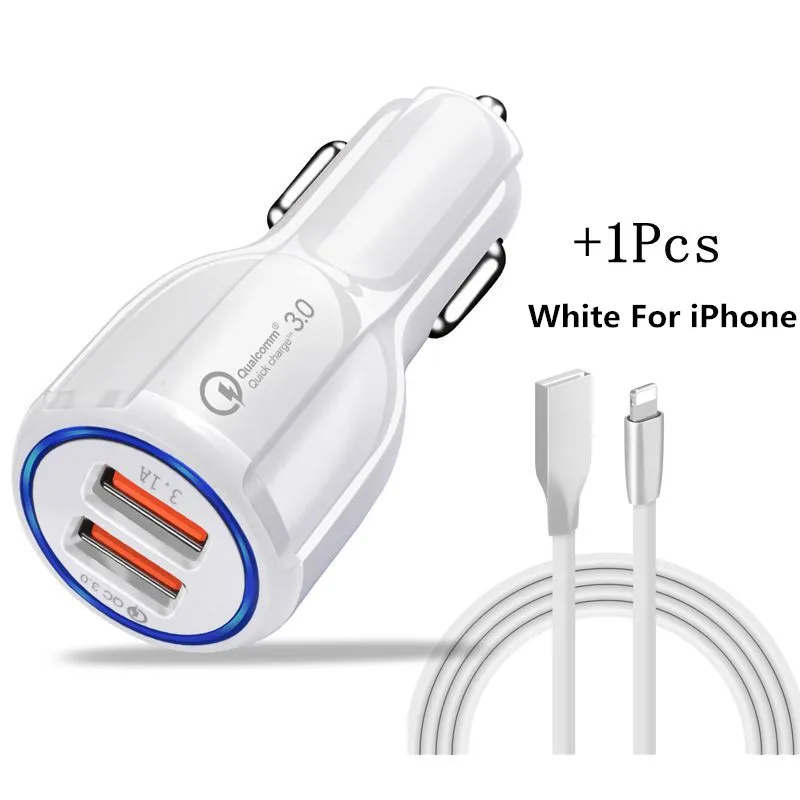 2 Usb порта автомобильное зарядное устройство Быстрая зарядка QC3.0 Быстрая Зарядка адаптер двойной USB Автомобильное зарядное устройство для IPhone Micro usb type C кабель зарядное устройство - Тип штекера: With White IOS Cable
