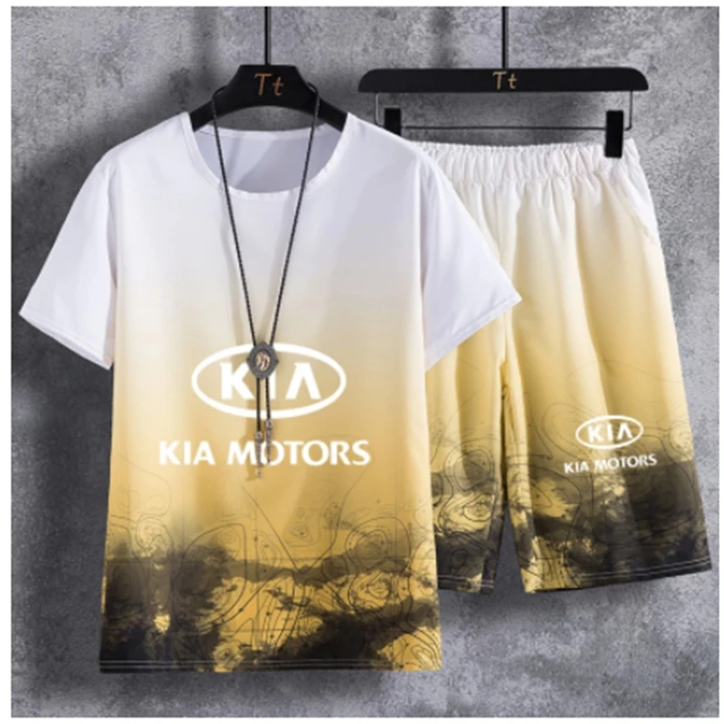 

Summer Men's short sleeve kia Car Logo Printing Cotton High Quality Casual Men's short sleeve P+ pants 2-piece suit