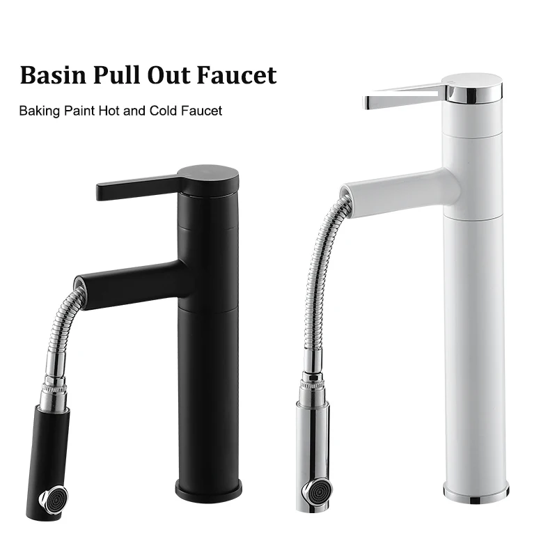 

Pull Out Basin Sink Faucet Sprayer White Faucet Swivel Spout Cold Hot Tap Crane Single Handle Washbasin Mixer Hight Body Faucet
