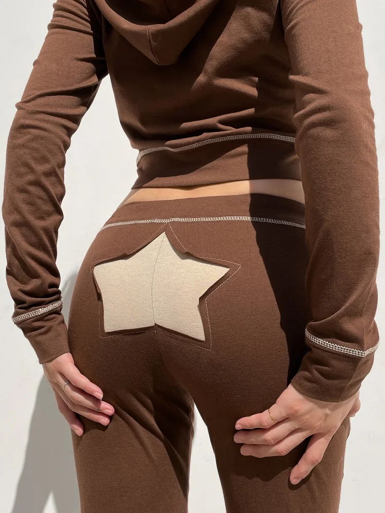 

HEYounGIRL Patchwork Fashion Casual Women Flare Trousers Hight Waist Pockets Star Style Lace Up Female Sweetpants Vintage Pants