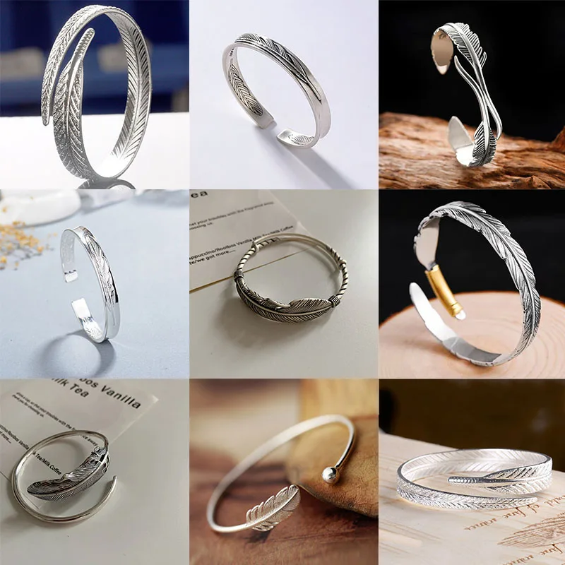 

MEYRROYU Sterling Silver Popular Vintage Feather Bangle Fashion Sinple Temperament Opening Women Jewelry Anti-allergy Andywen