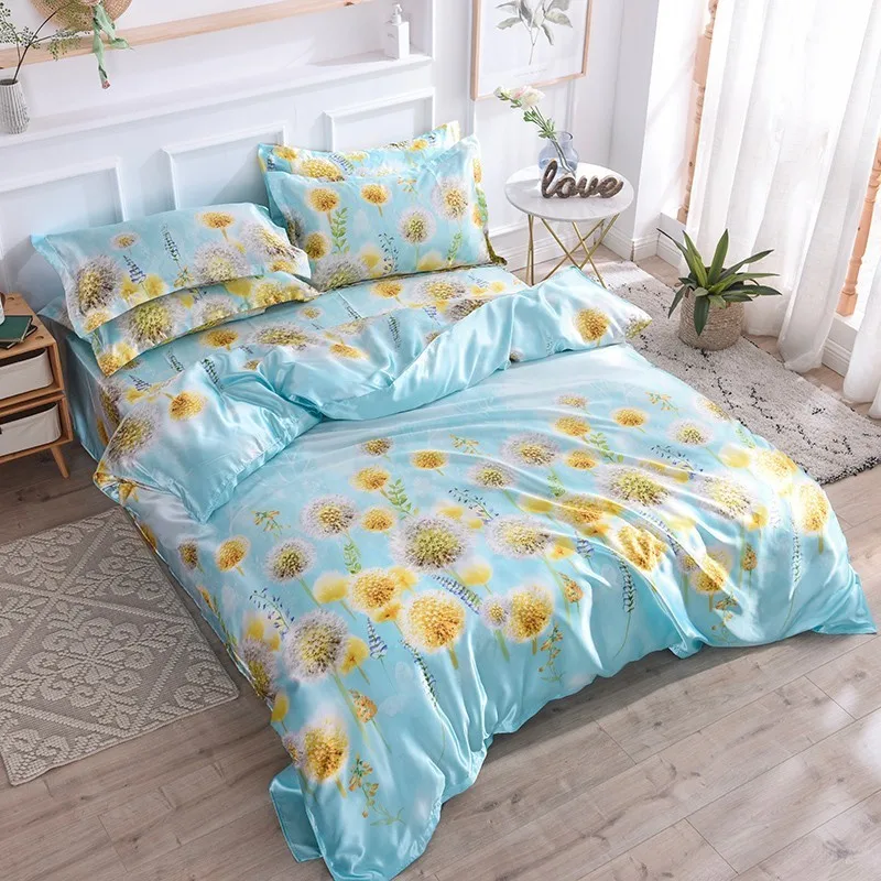 

Home Textiles Satin Bedding Sets 4pcs Queen King Size Floral Printed Duvet Cover Twin Bedcloth Summer Pastoral Bed Sheets