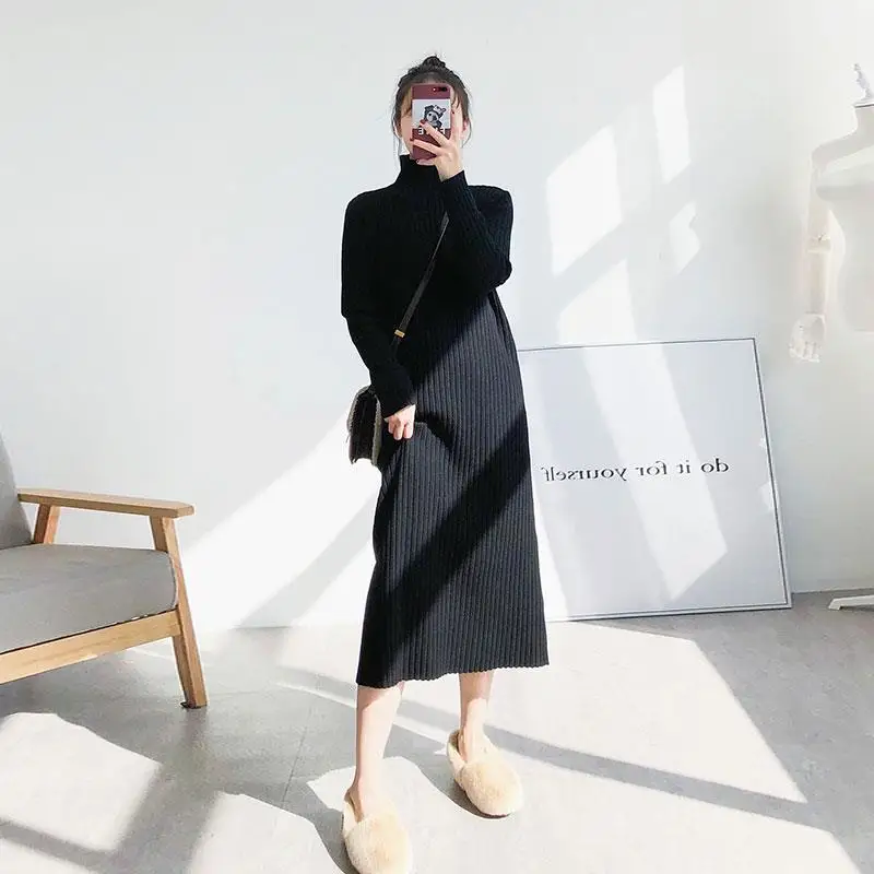 

Women's Knitted Dress Winter Black Woolen Skirt Overknee Dress Mid-Length Loose Woman Dresses Vestido De Mujer Femme Robe