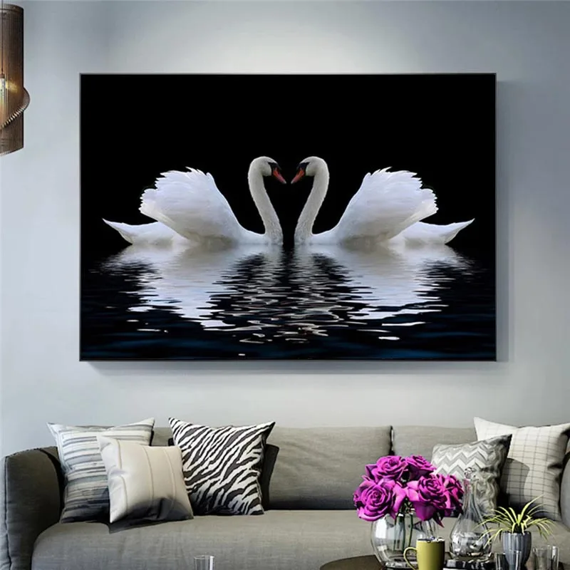 

White Swan Moonlight Wall Picture Romantic Couple Printmaking Painting Nordic Poster Living Room Bedroom Home Decor Pictures