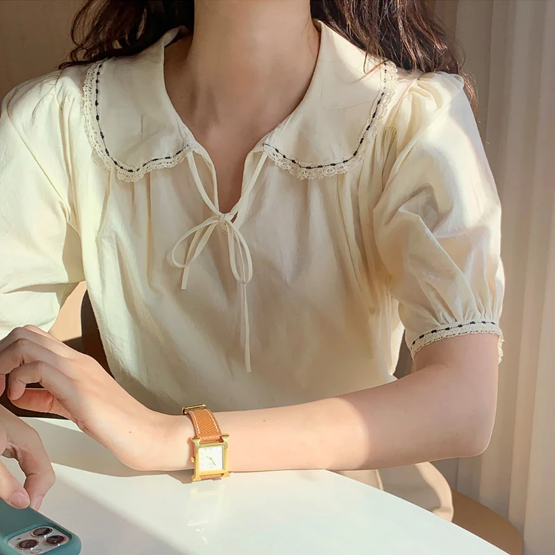 Женская Однотонная рубашка с воротником Питер Пэн и буффами на рукавах | одежда