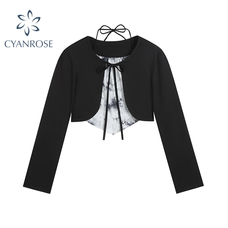 

Korean Style Streetwear Sweet Sexy 2 Piece Set Women Spring And Autumn Thin Long Sleeve Slim Shawl+Tie Dyed Halter Sling Female