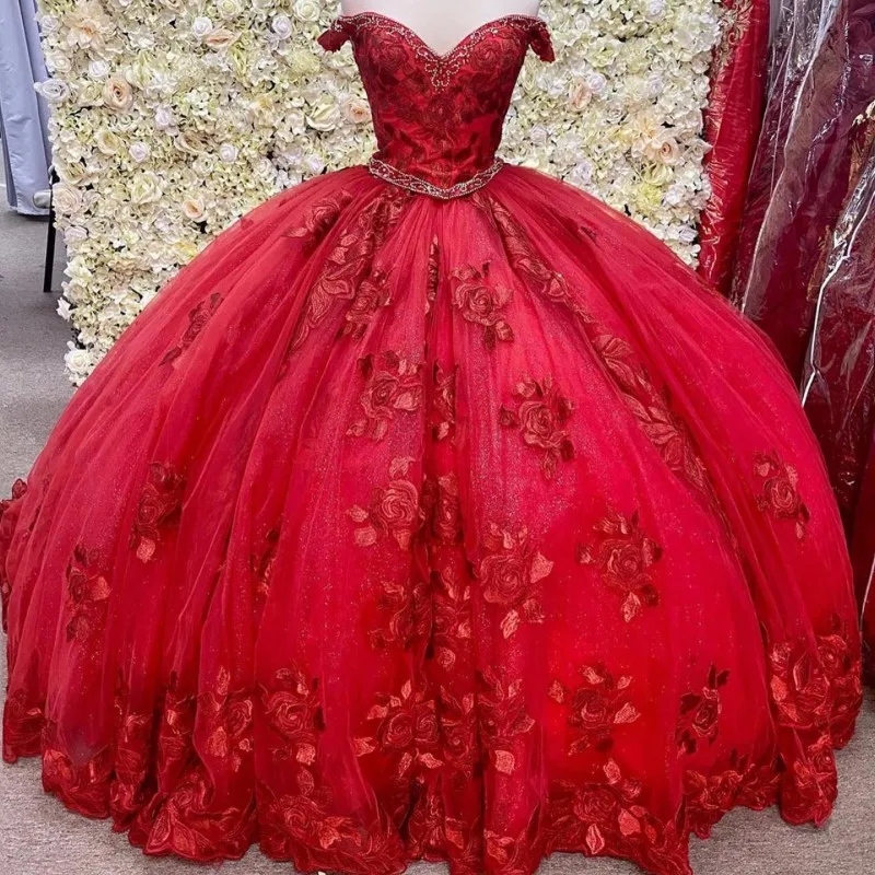 

Gorgeous Red Quinceanera Dresses Flower Appliqued Off the Shoulder Vestidos De 15 Anos Sweet 16 Ball Gown Prom Dress