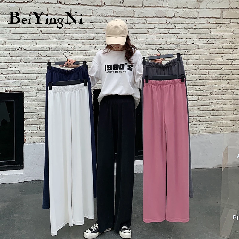 

Beiyingni Women Summer Ice Silk Pants Plain Casual Korean Fashion Black Plus Size Wide Leg Pants Elastic High Waist Trousers 3XL