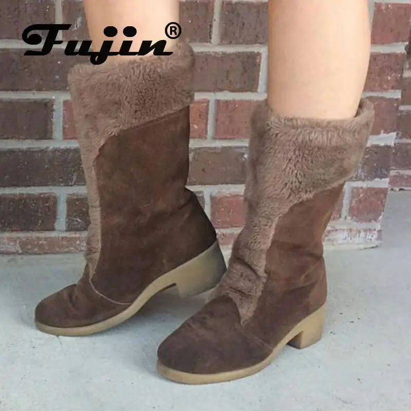 Fujin/женские ботинки Зимние плюшевые теплые Прямая поставка Модные замшевые до
