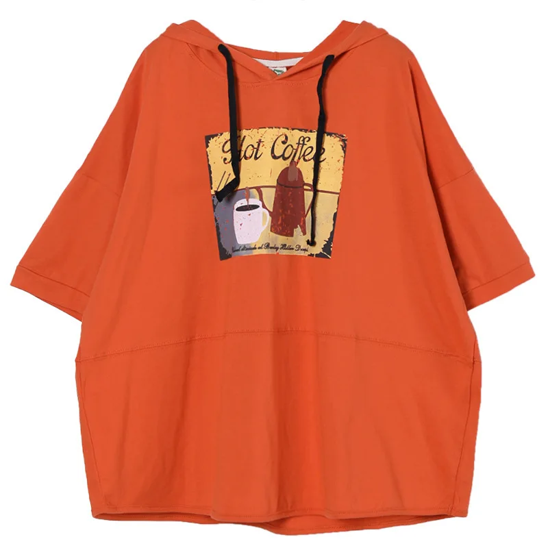 

Max LuLu 2021 Korean Summer Fashion Ladies Casual Printed Hooded Tees Womens Loose Casual T-shirts Girls Oversized Orange Tops