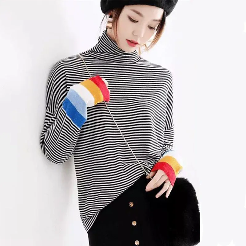 Женский вязаный свитер в радужную полоску шерстяной пуловер большого размера с
