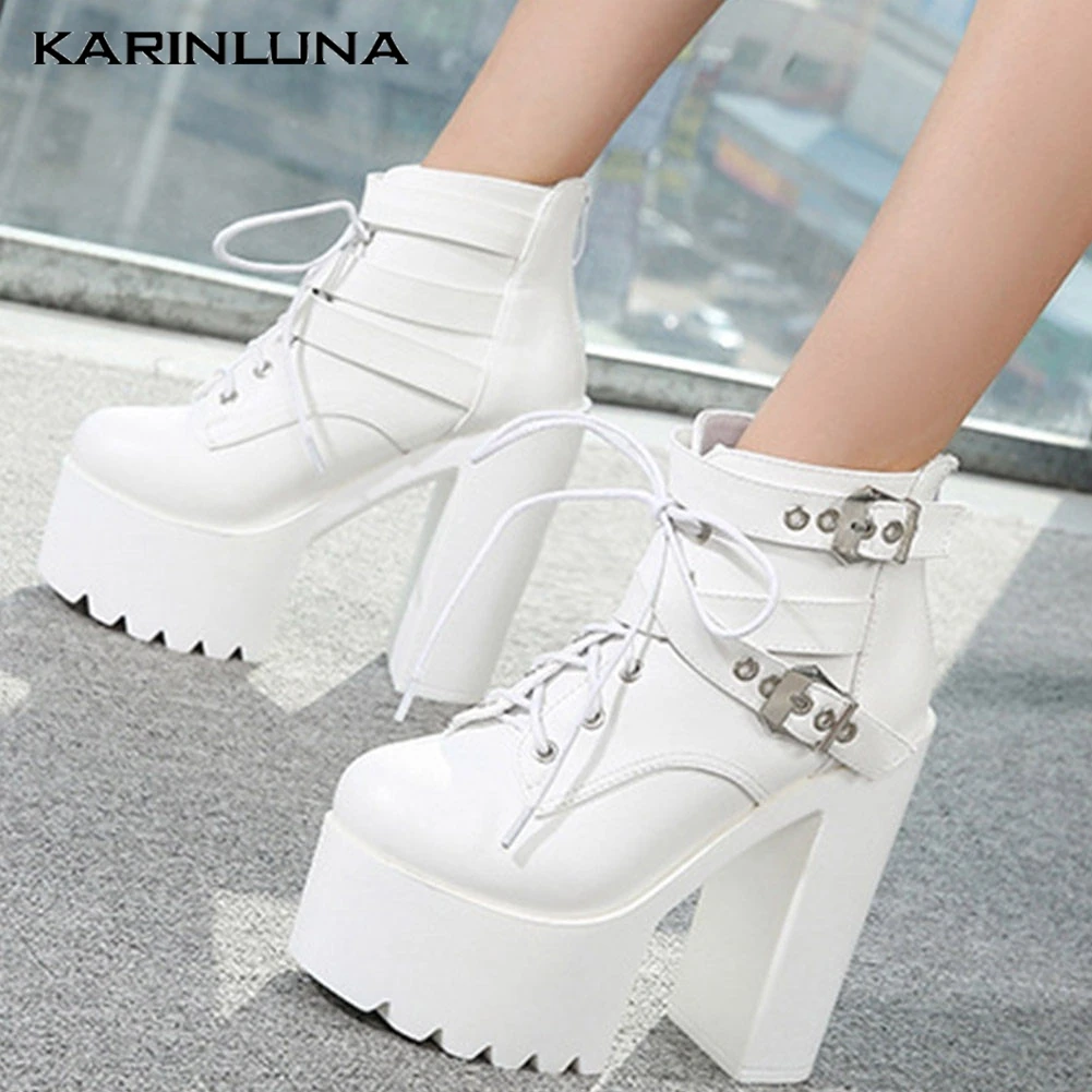 

Karinluna New Platform Square High Heels Ankle Boot Winter Shoes Fashion Motorcycles Boots Women
