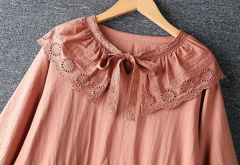 

2020 New Spring Women Long Dress Literary Fresh Hollow out Embroidery Turndown Collar Cotton and linen Long Sleeve Loose Dresses