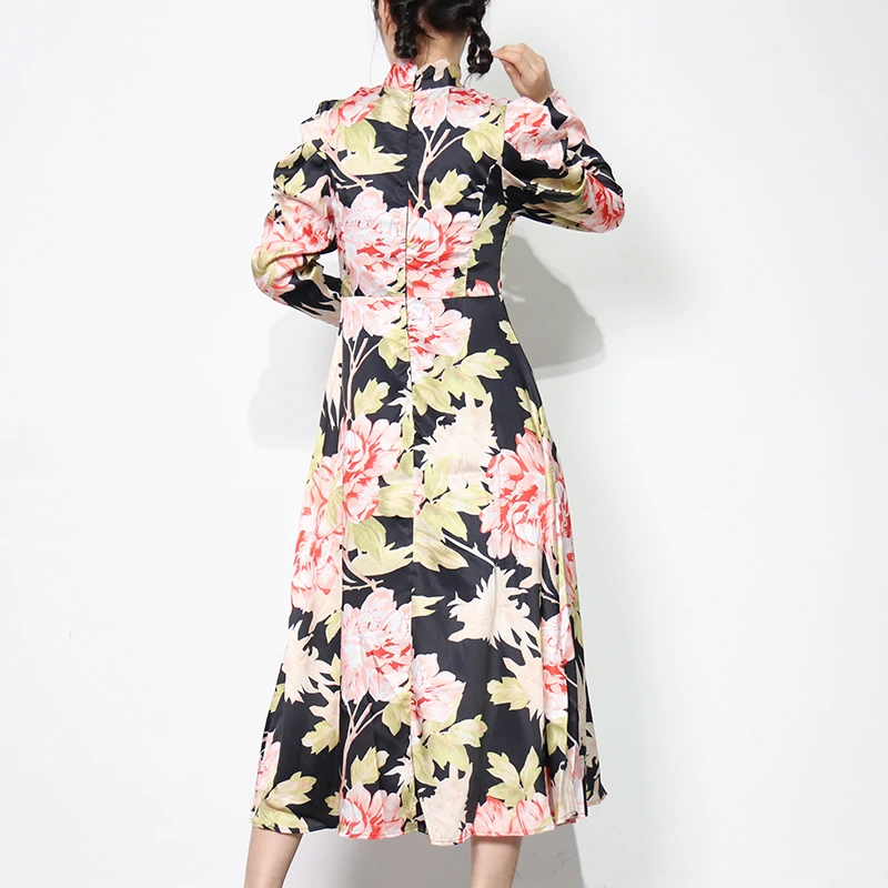 

XIZIHUPAN Vintage Print Floral Dress For Women Stand Collar Long Sleeve Hit Color Spring Dresses Female Fashion New Clothing