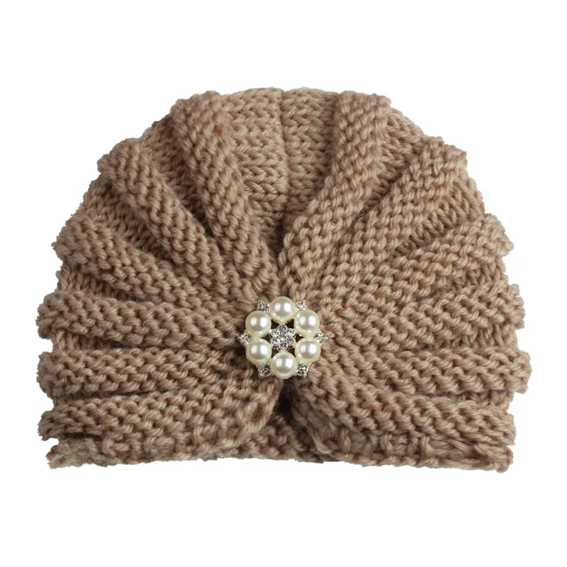 Khaki with pearls Модная детская шапка для новорожденных мальчиков и девочек, мягкая хлопковая шапка-тюрбан для малышей, аксессуары для головы - Цвет: Khaki with pearls