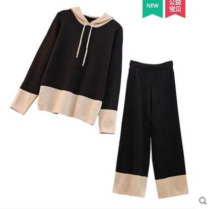 

2019 autumn winter Women Two Piece sets Sweater Wide Leg Pants Suit Hooded knit sweater + Wide Leg Pants Two Piece Sets