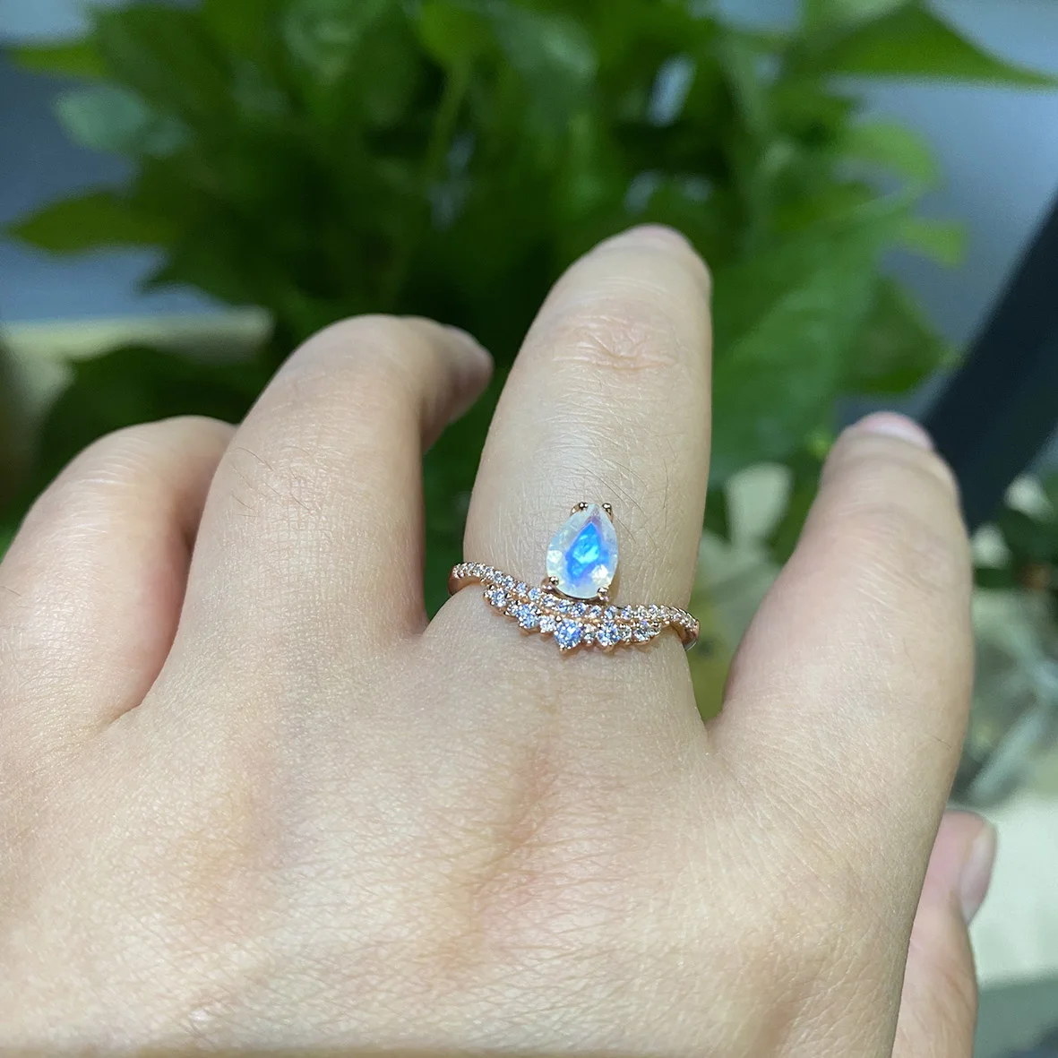 

Faceted Cut 5x7mm Natural Moonstone & White Topaz Ring moonstone ring 925 sterling silver Engagement Ring For Women Gift